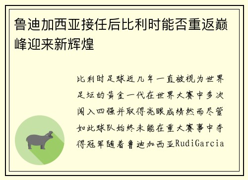 鲁迪加西亚接任后比利时能否重返巅峰迎来新辉煌