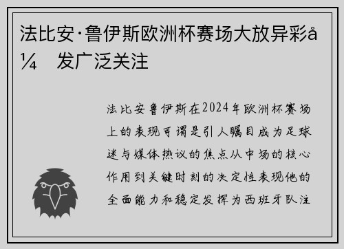 法比安·鲁伊斯欧洲杯赛场大放异彩引发广泛关注
